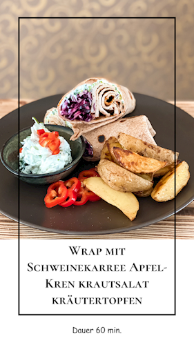 Wrap mit Schweinekarre, Apfel-Kren Krautsalat und Kräutertopfen